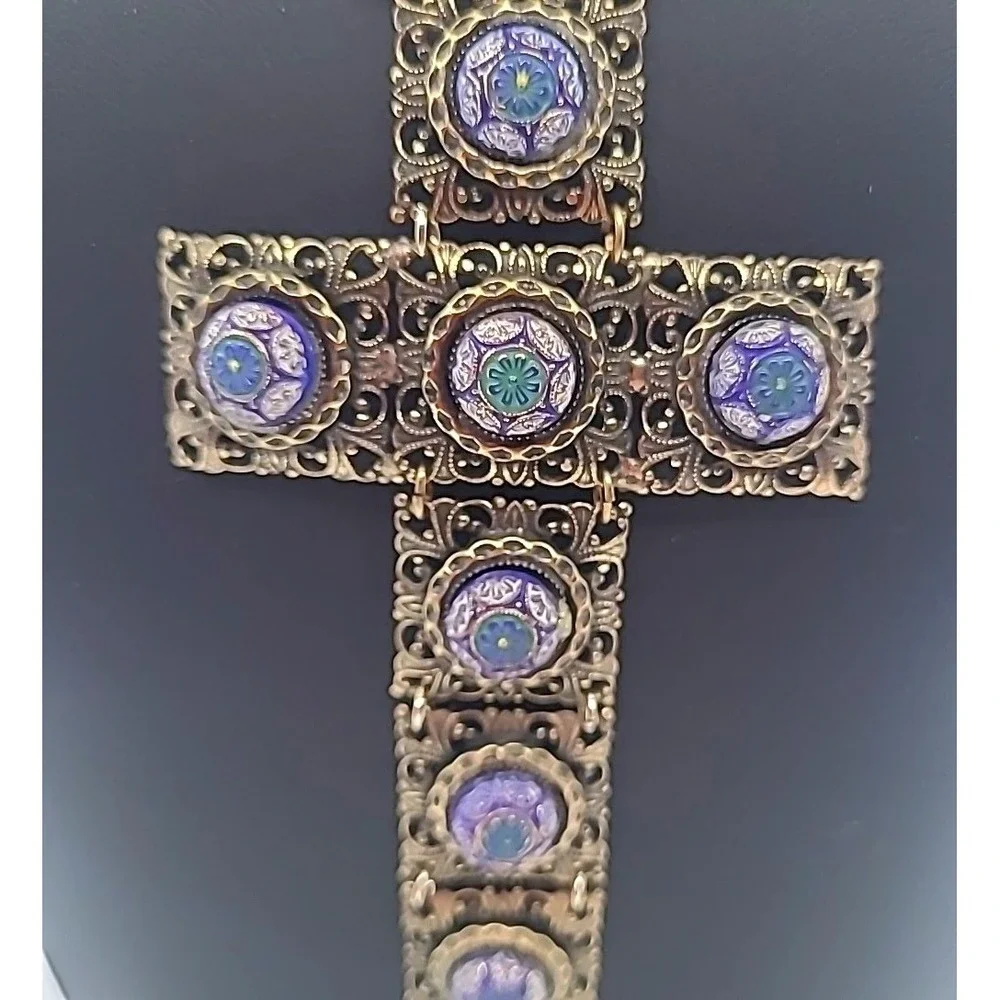 Vintage Hobe Necklace Gold Tone Filigree Enamel Articulated Large Cross RARE